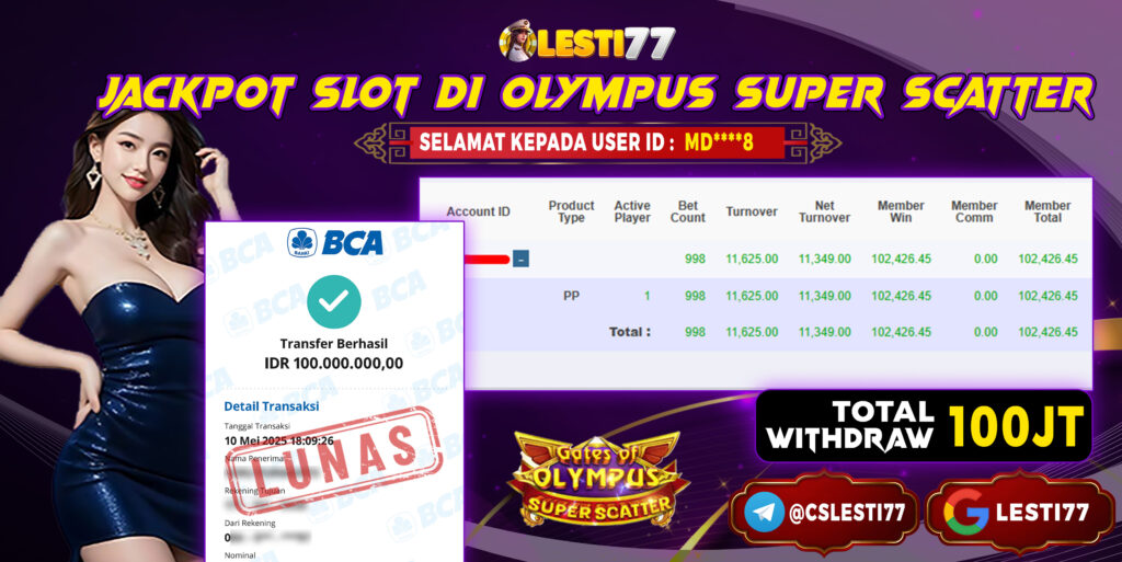 LESTI77 JACKPOT SLOT Olympus Super Scatter Rp100.000.000,- LUNAS