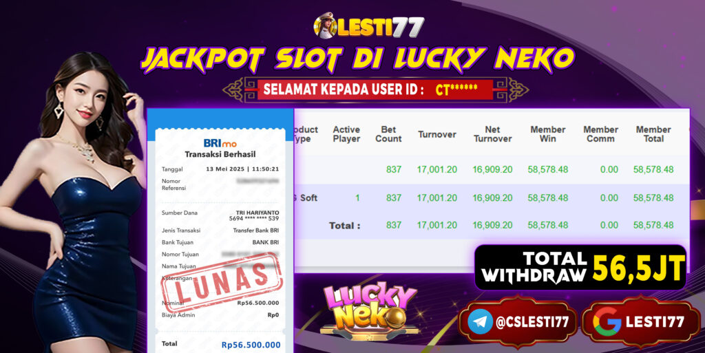 LESTI77 JACKPOT LUCKY NEKO Rp56.500.000,- LUNAS