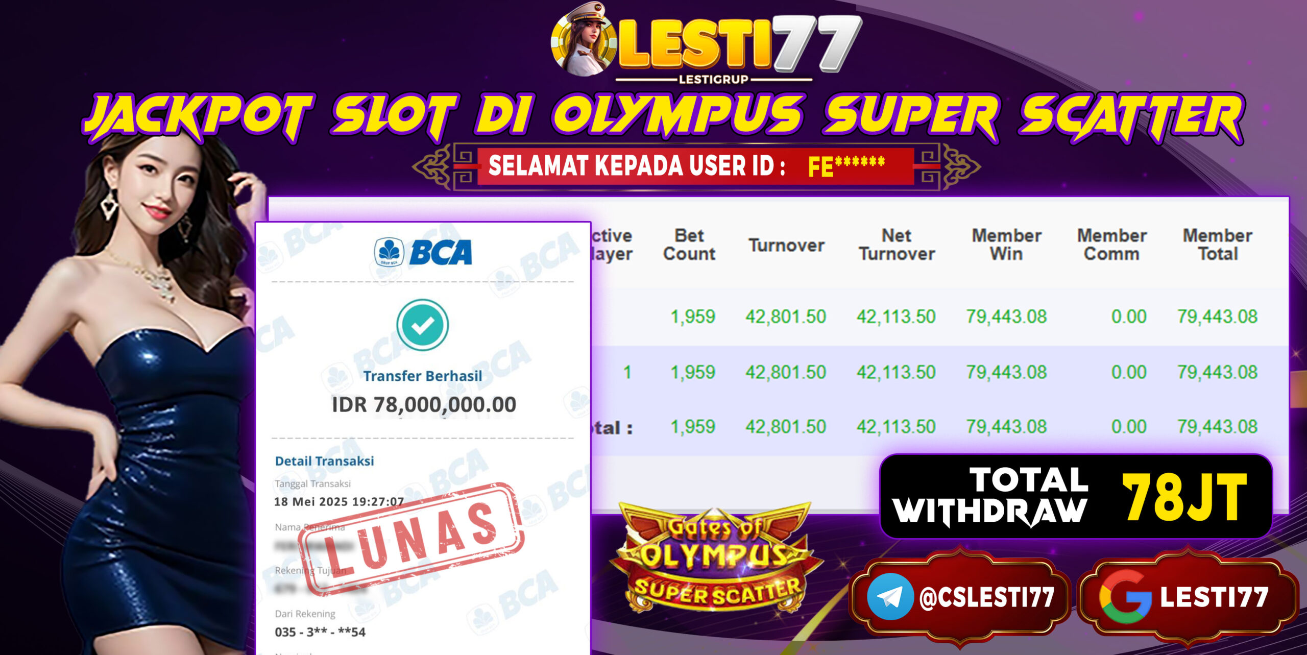 LESTI77 JACKPOT OLYMPUS SUPER SCATTER Rp78.000.000,- LUNAS